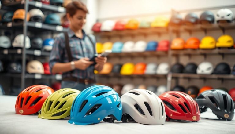 A collage showcasing important factors for selecting children's safety helmets from the United States. In the foreground, feature a selection of colorful, high-quality children's helmets displayed on a soft, well-lit surface. The middle ground should include an adult (dressed in modest casual clothing) examining one of the helmets, demonstrating key features like adjustable straps, comfort padding, and ventilation holes. In the background, create a blurred shop setting with shelves filled with various helmet styles and sizes, providing depth and context. Use bright, natural lighting to evoke a friendly and informative atmosphere, ideal for guiding parents in making the right choice for their children's safety gear. Aim for a professional and inviting feel throughout the image.