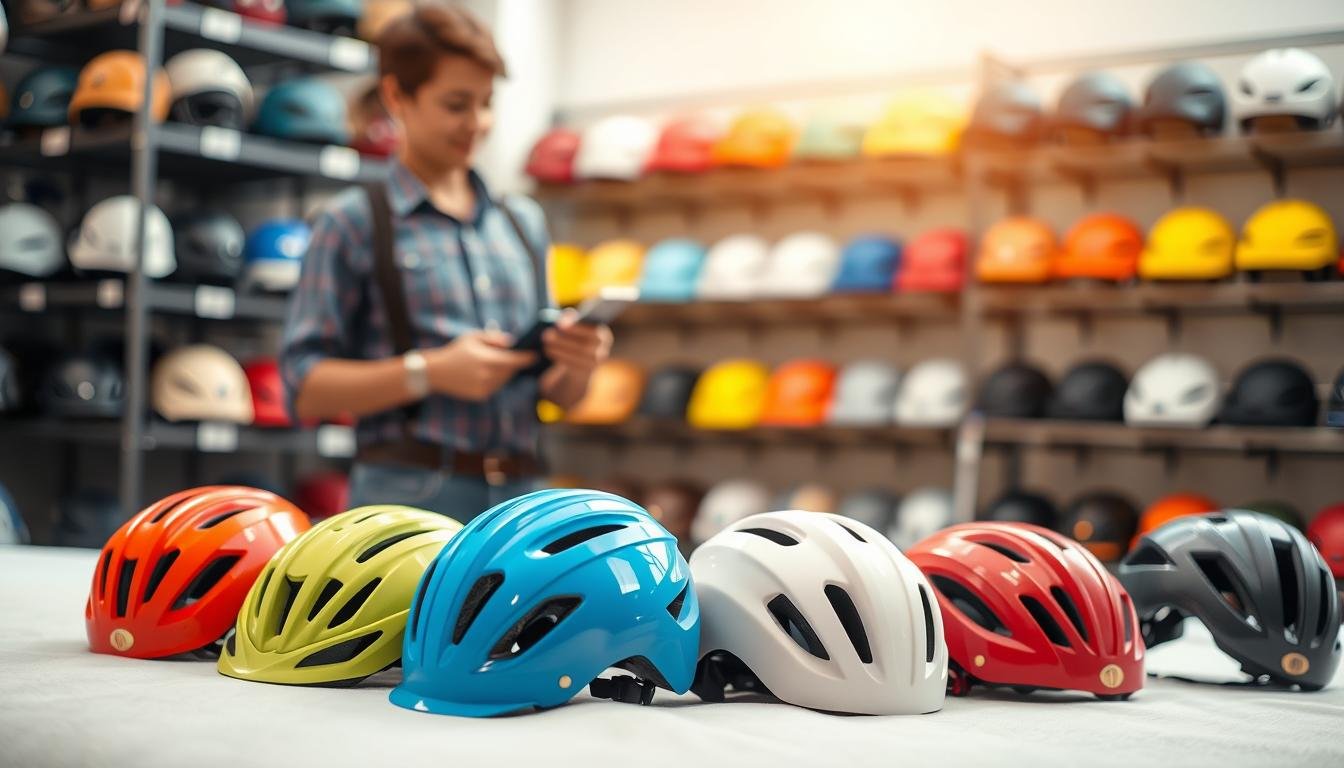 A collage showcasing important factors for selecting children's safety helmets from the United States. In the foreground, feature a selection of colorful, high-quality children's helmets displayed on a soft, well-lit surface. The middle ground should include an adult (dressed in modest casual clothing) examining one of the helmets, demonstrating key features like adjustable straps, comfort padding, and ventilation holes. In the background, create a blurred shop setting with shelves filled with various helmet styles and sizes, providing depth and context. Use bright, natural lighting to evoke a friendly and informative atmosphere, ideal for guiding parents in making the right choice for their children's safety gear. Aim for a professional and inviting feel throughout the image.