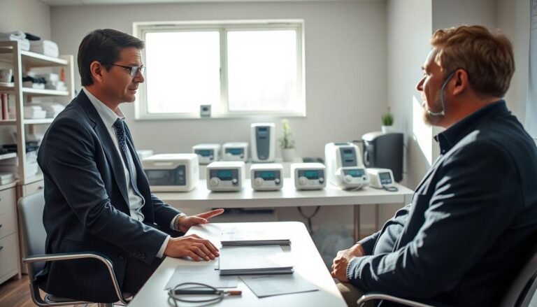 A detailed and informative scene depicting a professional consultation for selecting a CPAP rental plan. In the foreground, a qualified healthcare professional, dressed in business attire, is explaining options to a patient, who is seated attentively. The middle ground features a clean, modern office setting with a large table displaying various CPAP machines and pamphlets outlining different rental plans. The background includes shelves with medical equipment and a window allowing natural sunlight to stream in, creating a warm, welcoming atmosphere. The angle is slightly elevated, capturing both the interaction and the display of options. The overall mood should convey professionalism and support, emphasizing clarity and comfort in the decision-making process. The lighting is soft yet bright, casting gentle shadows that enhance the inviting environment.