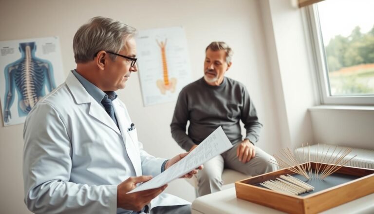 A professional healthcare setting focused on sciatica treatment evaluation. In the foreground, a physician in a neatly pressed white coat examines a patient, a middle-aged individual in modest, casual clothing, seated on an examination table. The physician is holding a diagnostic chart, discussing the patient's condition with a thoughtful expression. In the middle ground, there are anatomical posters of the spine and nerve pathways on the walls, along with acupuncture needles arranged on a nearby tray. The background features soft, neutral-toned lighting to create a calm and clinical atmosphere, with a window showing a serene view of nature outside. The angle captures the interaction between the physician and the patient, emphasizing the diagnostic process in a supportive environment.