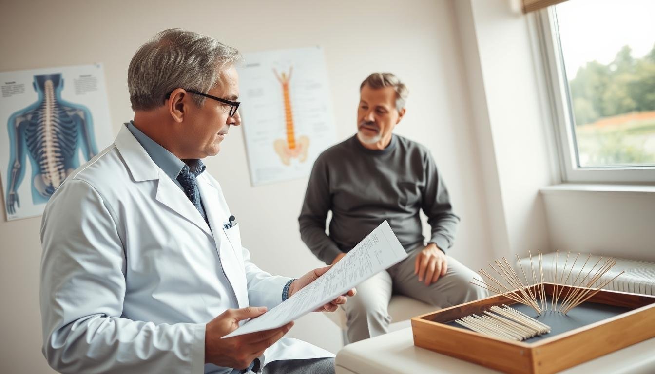 A professional healthcare setting focused on sciatica treatment evaluation. In the foreground, a physician in a neatly pressed white coat examines a patient, a middle-aged individual in modest, casual clothing, seated on an examination table. The physician is holding a diagnostic chart, discussing the patient's condition with a thoughtful expression. In the middle ground, there are anatomical posters of the spine and nerve pathways on the walls, along with acupuncture needles arranged on a nearby tray. The background features soft, neutral-toned lighting to create a calm and clinical atmosphere, with a window showing a serene view of nature outside. The angle captures the interaction between the physician and the patient, emphasizing the diagnostic process in a supportive environment.