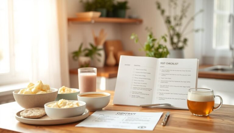 A serene kitchen setting with a soft, warm light filtering through a window, creating a calm atmosphere. In the foreground, there is a wooden table displaying a variety of soft, easily digestible foods: creamy mashed potatoes, warm soup, and smoothies in pastel-colored bowls. Next to the table, a glass of pure water and a steaming cup of herbal tea emphasize hydration and comfort. In the middle ground, a neatly organized checklist of dietary restrictions lies open, emphasizing the importance of careful post-operative care. The background features herbal plants and light, airy curtains that sway gently, contributing to a peaceful ambiance. The overall mood is comforting and reassuring, ideal for someone recovering from wisdom tooth extraction.