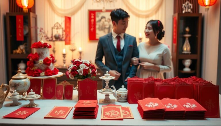 A beautifully arranged table showcasing traditional Chinese wedding red envelopes (红包) in vibrant shades of red and gold, symbolizing good fortune. In the foreground, a variety of red envelopes are displayed, some opened to reveal monetary amounts, arranged neatly beside elegant wedding items like a decorative cake, floral centerpieces, and traditional tea sets. The middle ground features a couple in modest, stylish wedding attire discussing their choice of gifts, reflecting a thoughtful and collaborative atmosphere. The background presents a softly lit room decorated with subtle wedding elements, creating an inviting and celebratory mood. The lighting is warm and inviting, emphasizing the rich colors, taken from a slightly elevated angle to capture the full essence of the scene. No text or branding is present in the image.