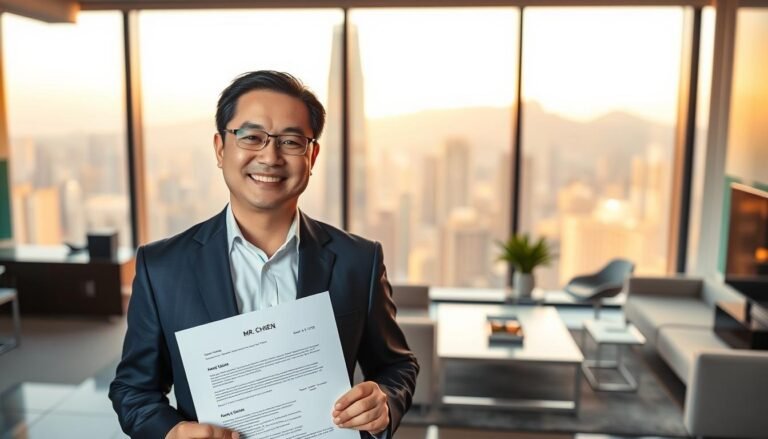 A successful businessman, Mr. Chen, stands confidently in a modern office space in Central Hong Kong, showcasing his recent success in leasing an office. In the foreground, Mr. Chen, dressed in a sharp navy suit and crisp white shirt, holds a leasing agreement with a smile, radiating satisfaction and accomplishment. The middle of the scene features a stylish office with large windows, revealing a breathtaking view of the Central skyline, bathed in warm, golden afternoon light. In the background, sleek furniture and contemporary decor create an atmosphere of professionalism and success. The overall mood is one of triumph and optimism, emphasizing the rewarding experience of securing an office in a competitive market. A soft focus on the cityscape highlights the dynamic nature of urban business life.